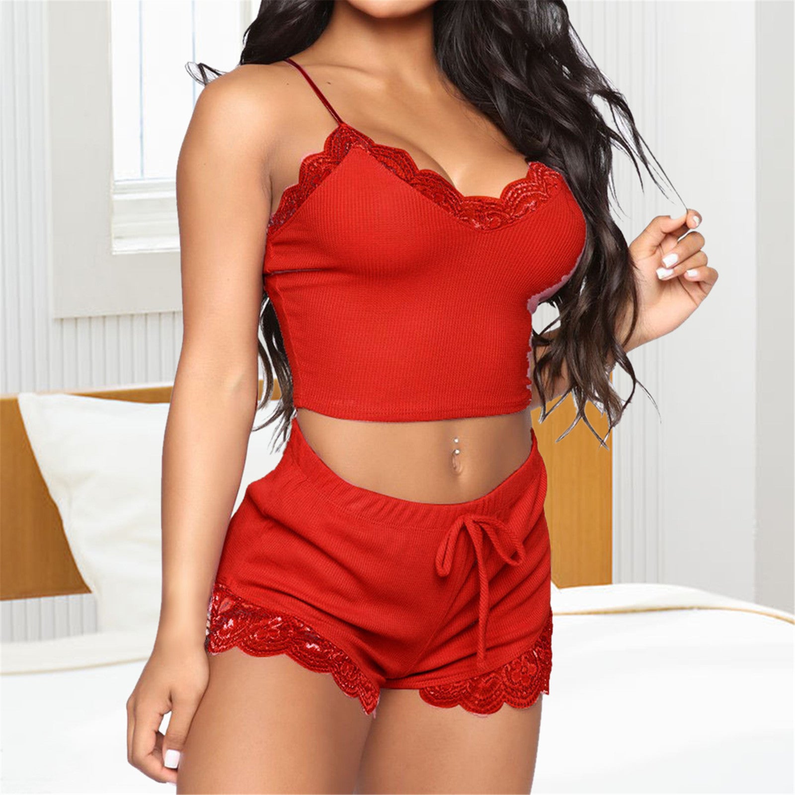 Satin Lace V-Neck Pajama Set