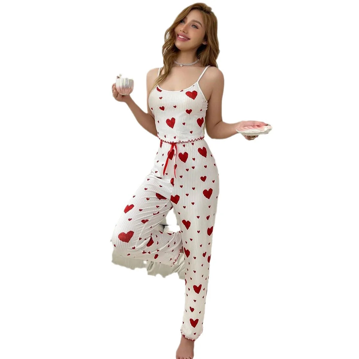 Plus Size Love Print Pajama Set – White (2-Piece)