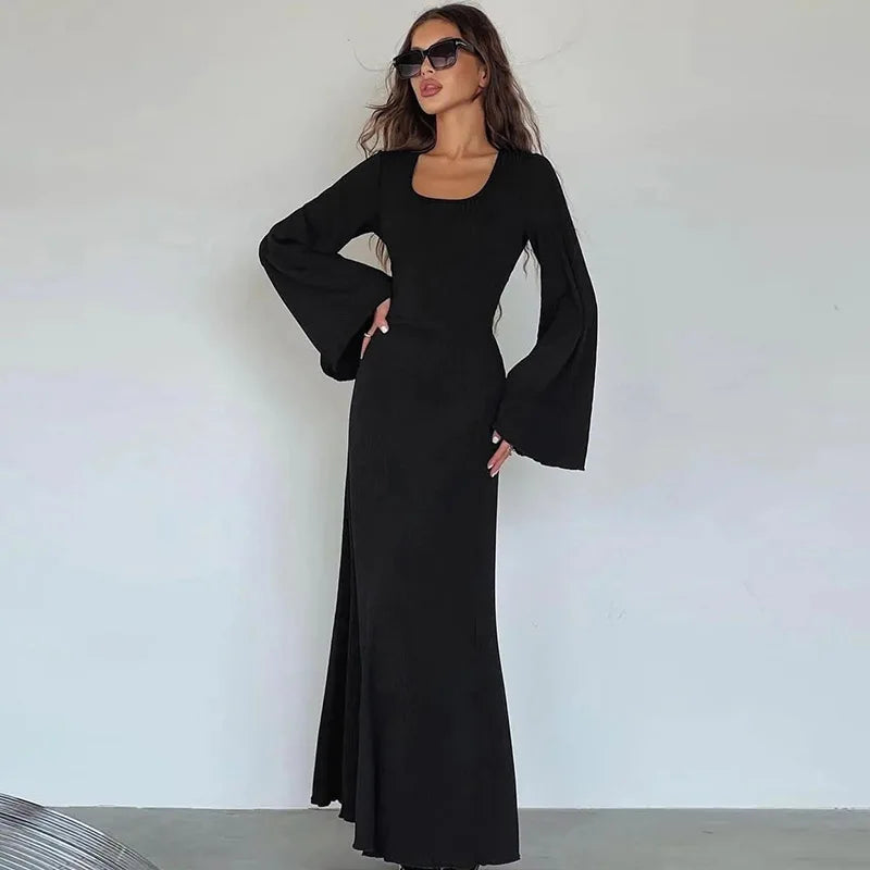 Loose U-Neck Back-Tie Long Sleeve Dress – Autumn Fashion