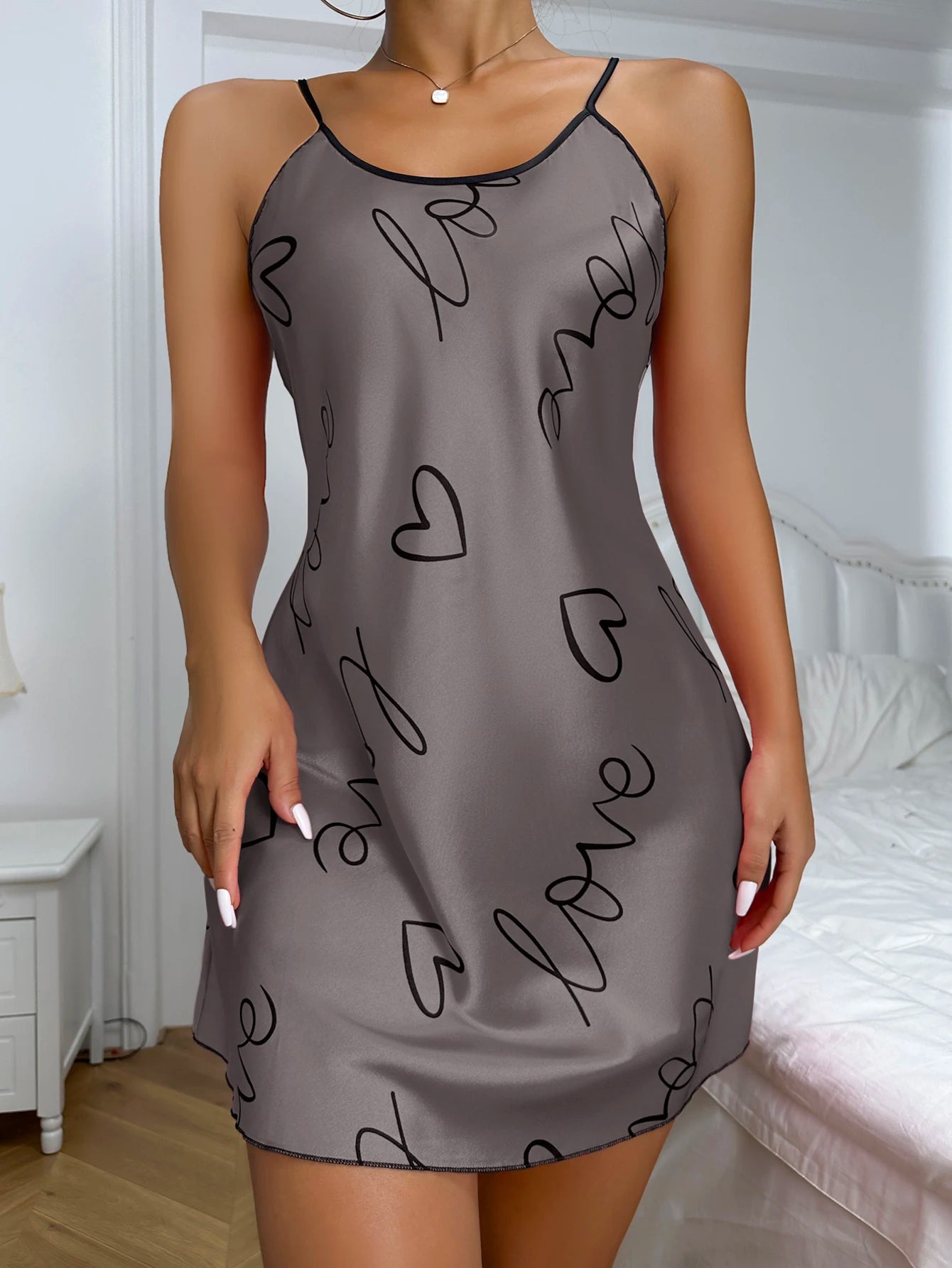 Heart Print Scoop Neck Crisscross Back NightdresS