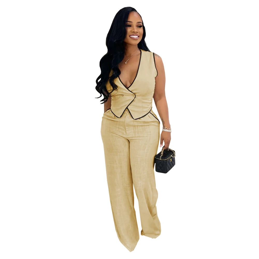V-Neck Button Down Top & Pants Set – Casual Summer Loungewear