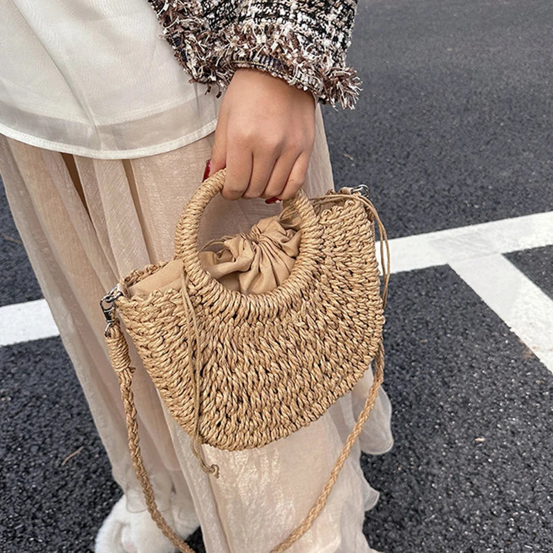Handwoven Rattan Half-Moon Bag