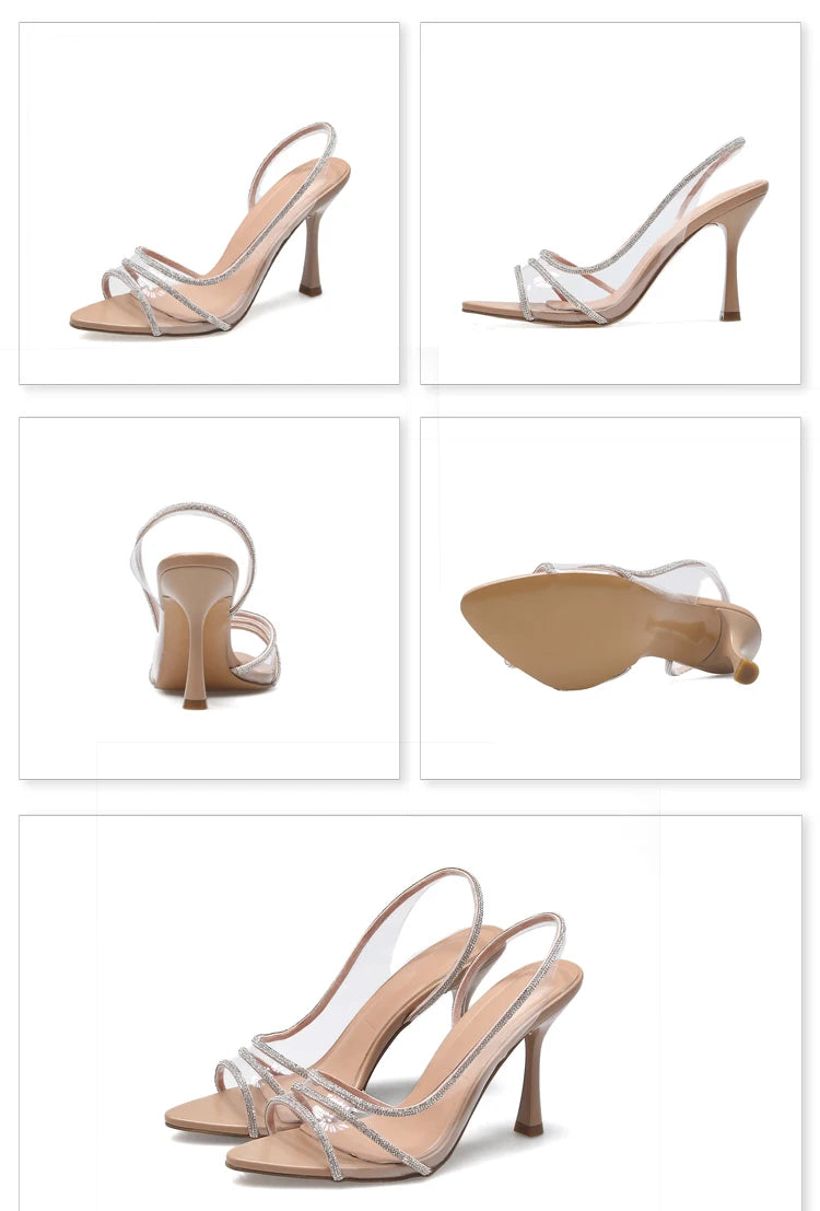 Summer Rhinestone Slingback Heeled Sandals – Transparent Pointed Toe Pumps