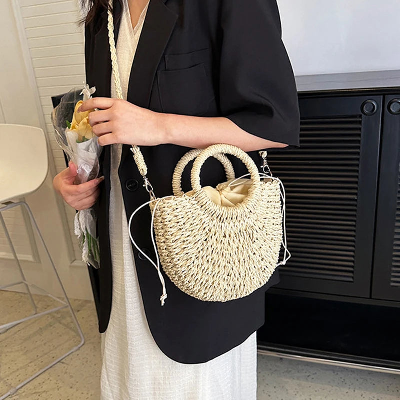 Handwoven Rattan Half-Moon Bag