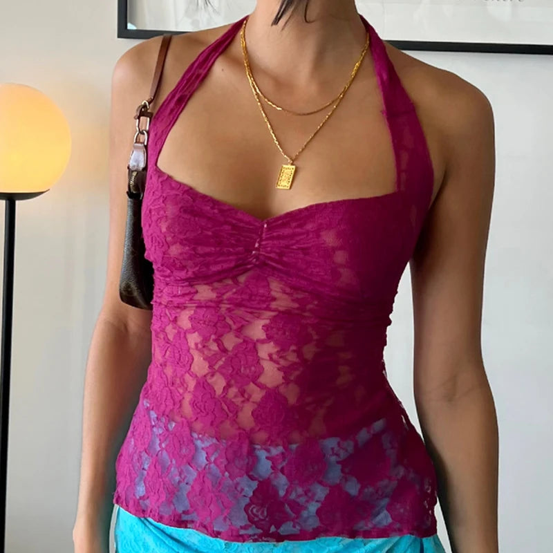 Maemukilabe Y2K Fairycore Floral Lace Tie-Up Halter Crop Top