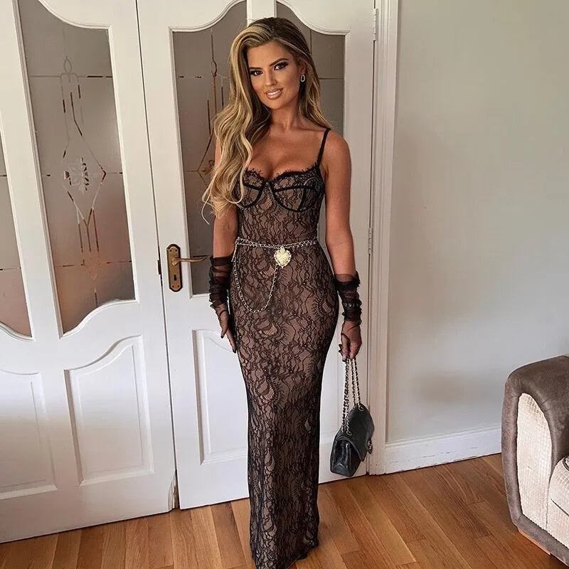 Lace Off-Shoulder Camisole Maxi Dress – Slim Fit Summer Style
