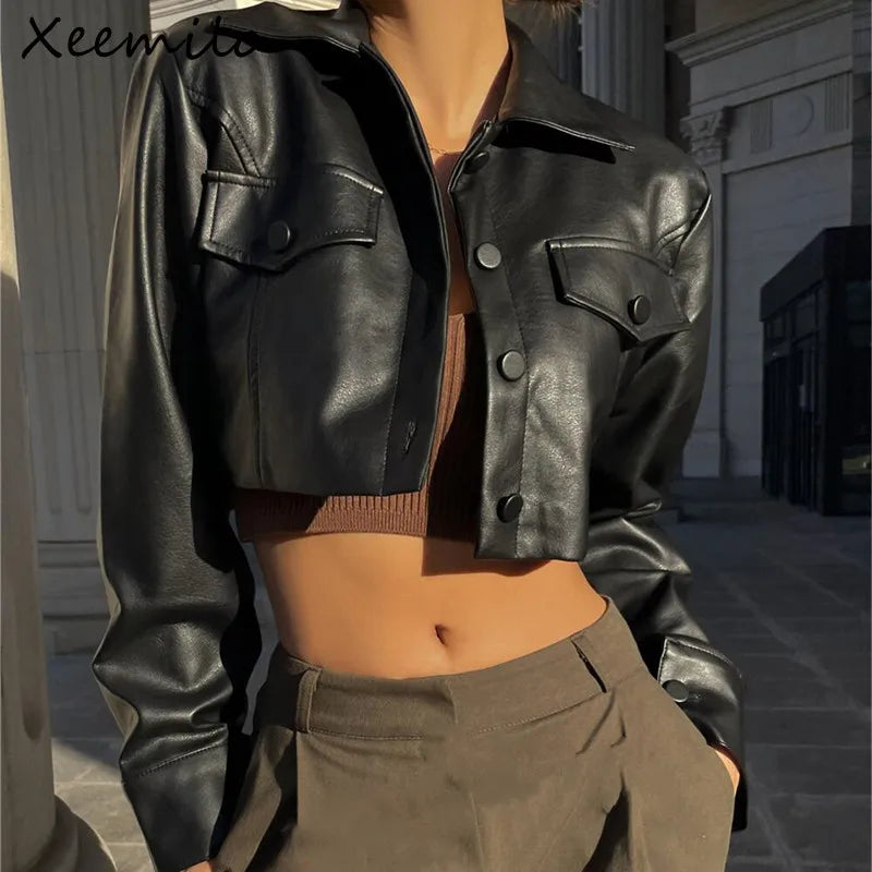 WhereMery Y2K Faux Leather Short Jacket
