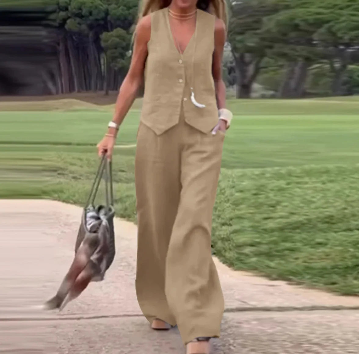 Solid Color Cardigan Vest & Pants Set – Casual Two-Piece Outfit