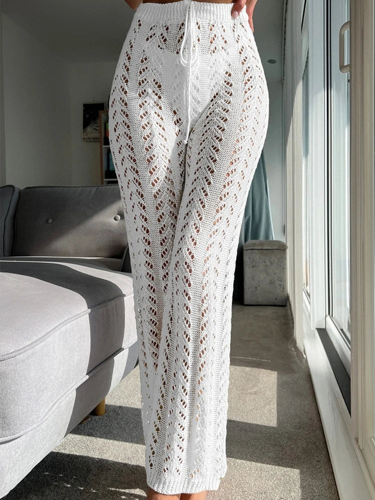 Casual summer clothing semi transparent elegant knitted wide pants