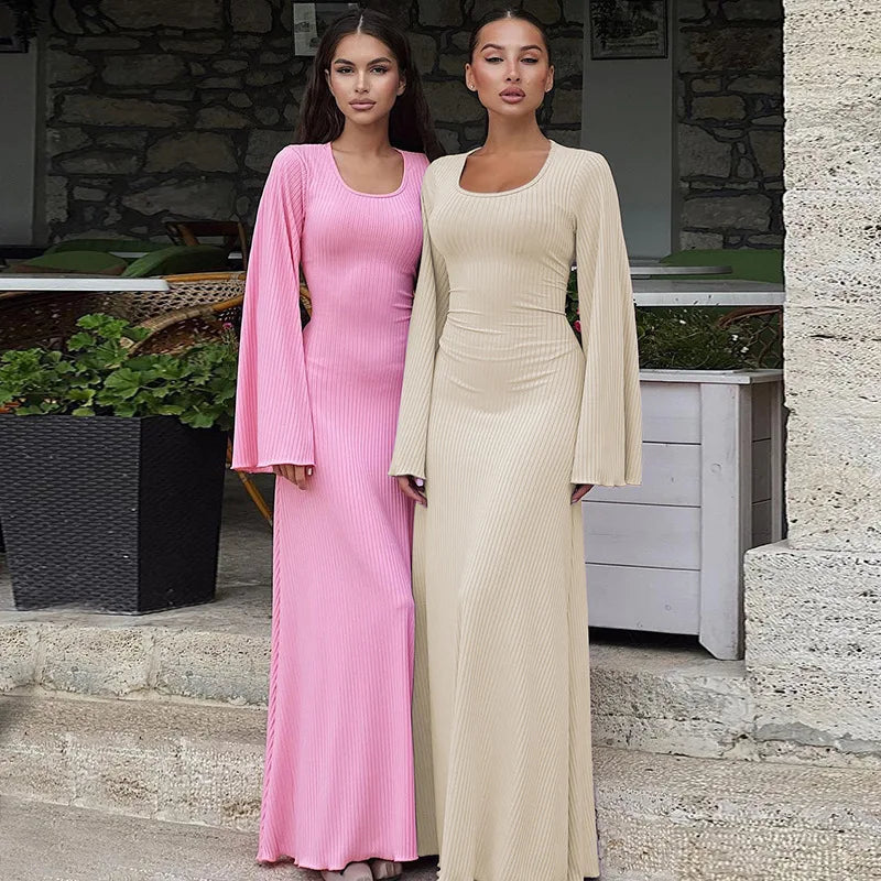 Loose U-Neck Back-Tie Long Sleeve Dress – Autumn Fashion