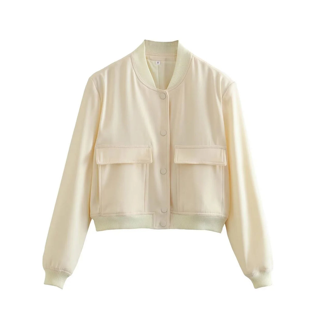 Women’s Cropped Bomber Jacket – White Button Baseball Style