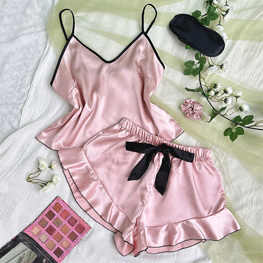 Satin V-Neck Pajama Set – Ruffled Top & Bow Shorts