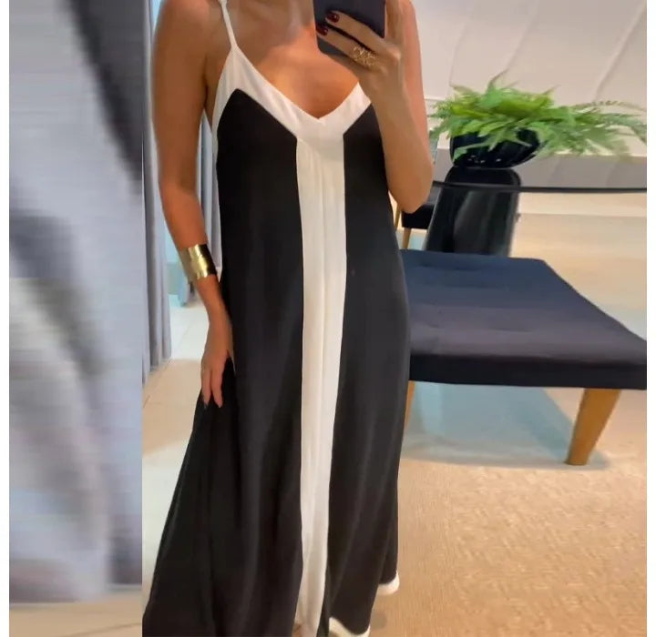 Summer V-Neck Contrast Maxi Dress – Black & White