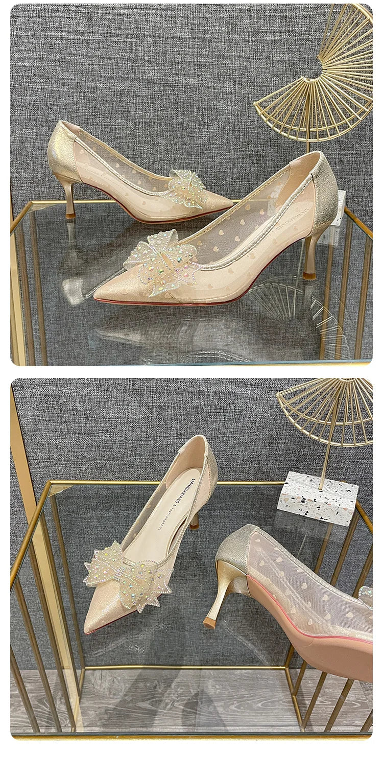 Summer Mesh Bow Knot Pointed Toe Slim Heels – French Style