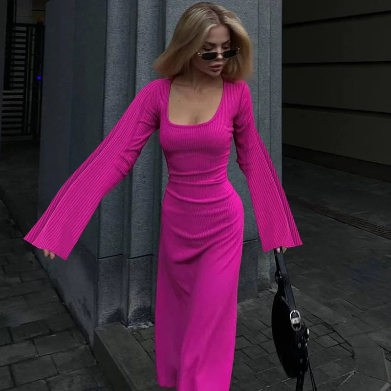 Loose U-Neck Back-Tie Long Sleeve Dress – Autumn Fashion