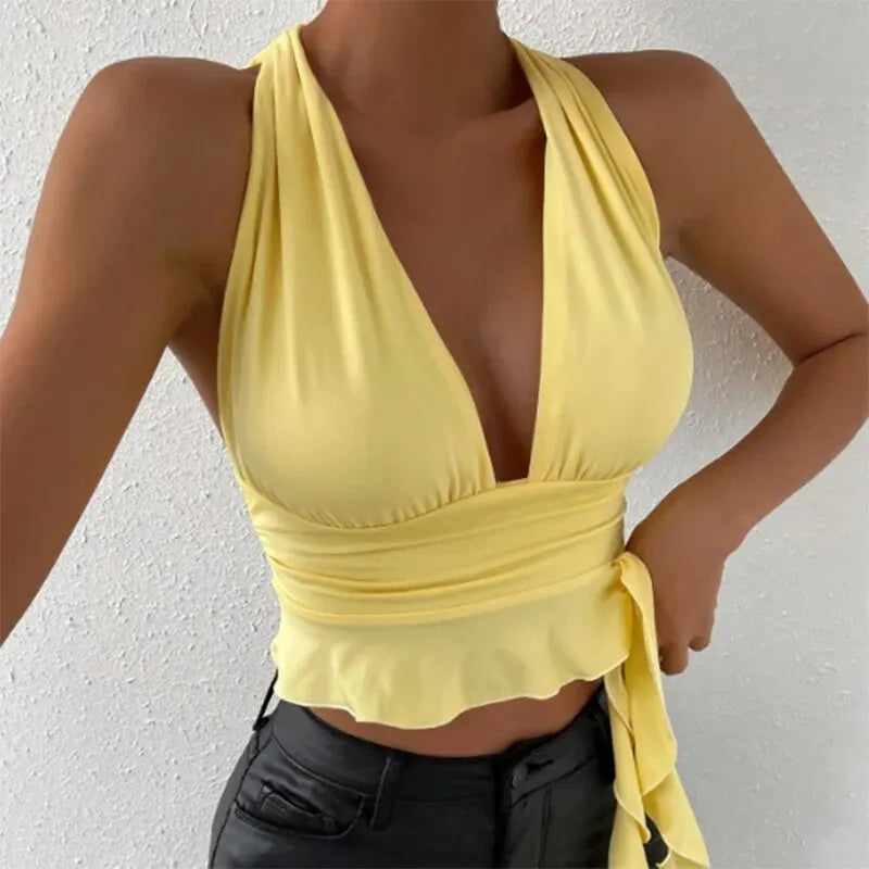 Women's Tight Fitting Deep V-Neck Pleated Top