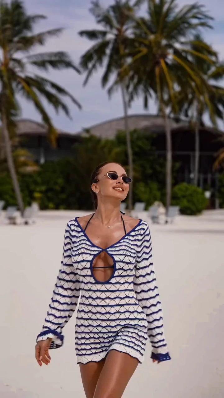 Boho Striped V-Neck Cut-Out Bell Sleeve Mini Dress – Summer Beach Cover-Up