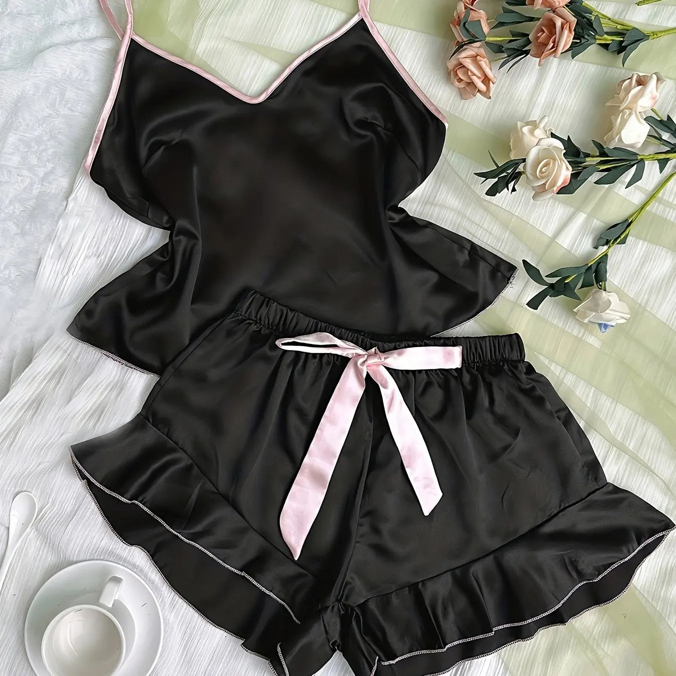Satin V-Neck Pajama Set – Ruffled Top & Bow Shorts
