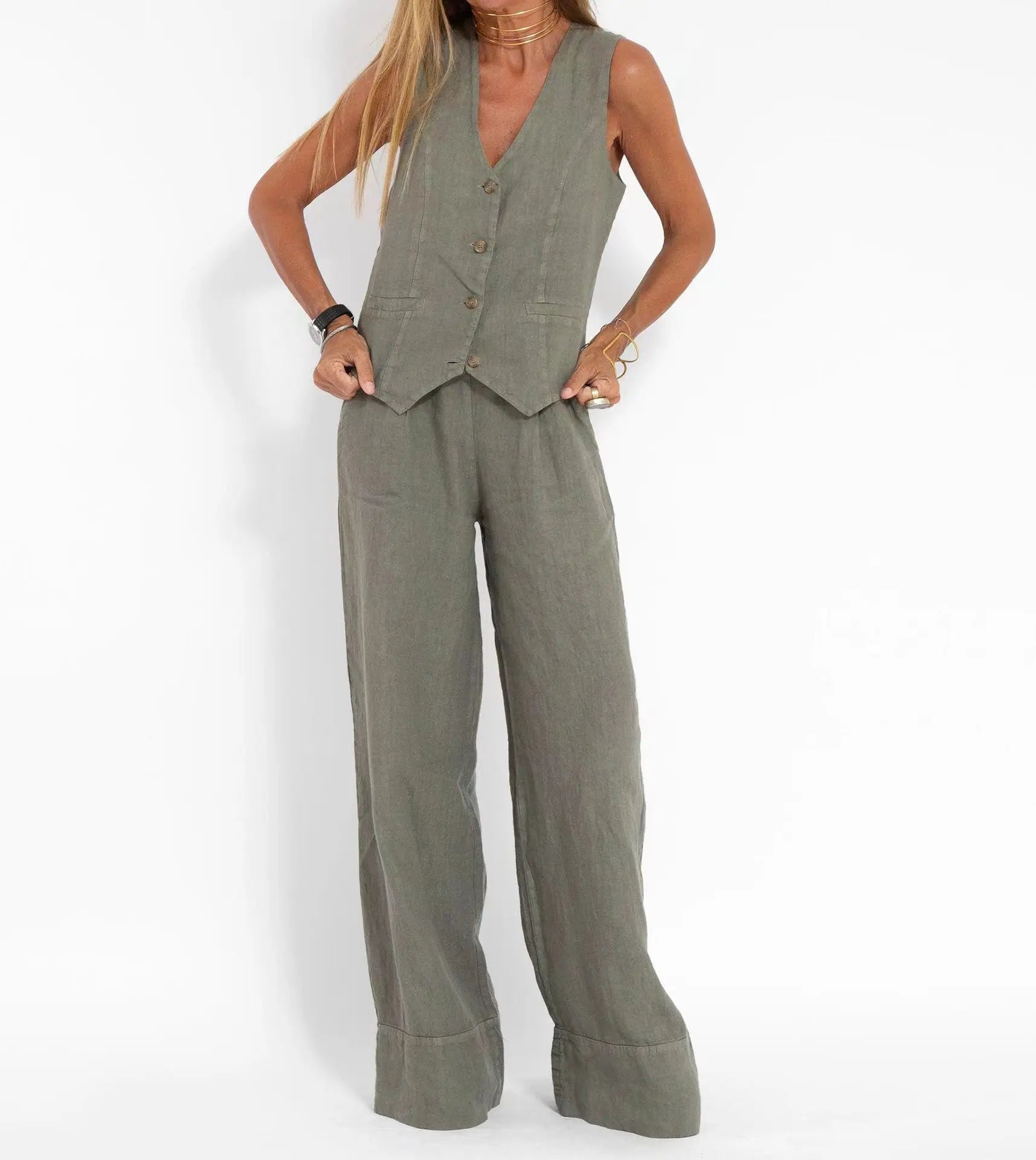 Colorblock Vest & Pants Set – Sleeveless Casual Suit