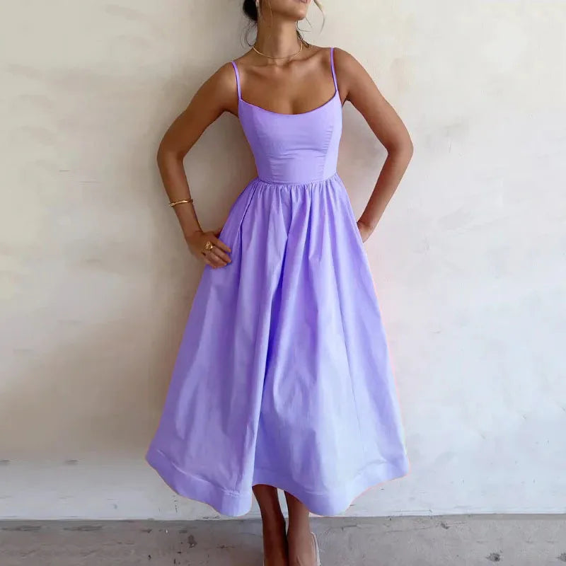 U-Neck Pleated Swing Dress – Sleeveless & Cinched Waist