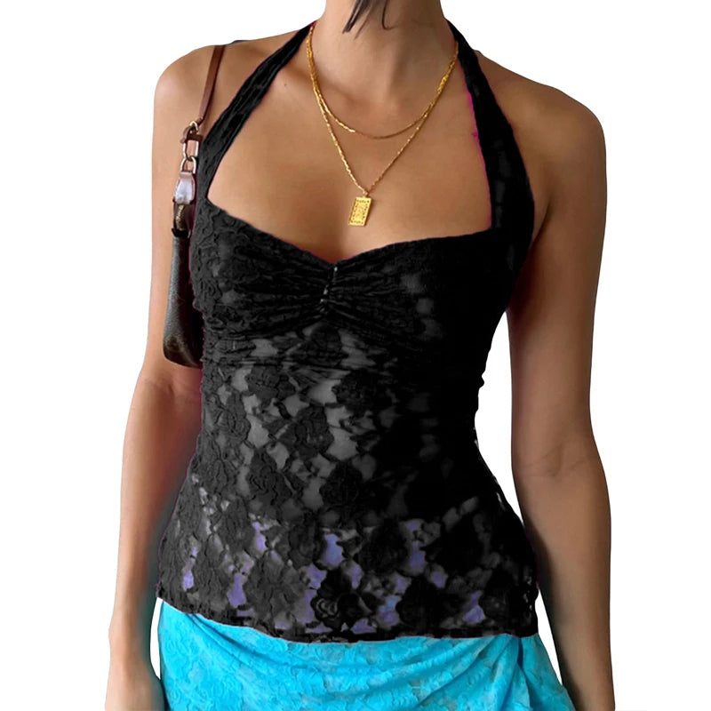 Maemukilabe Y2K Fairycore Floral Lace Tie-Up Halter Crop Top