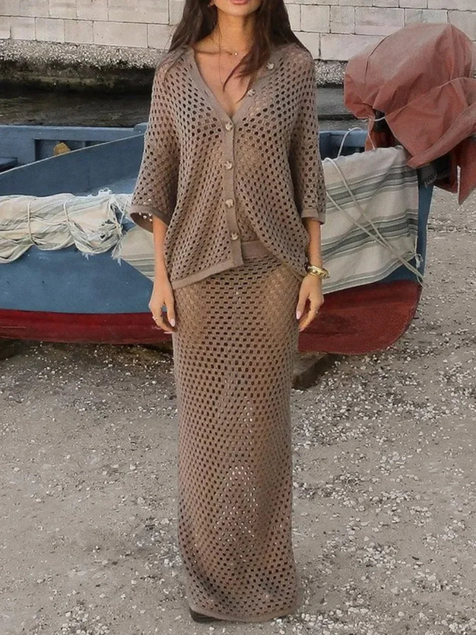 Mesh Knit Blouse & Skirt Set – Summer Beachwear Outfit