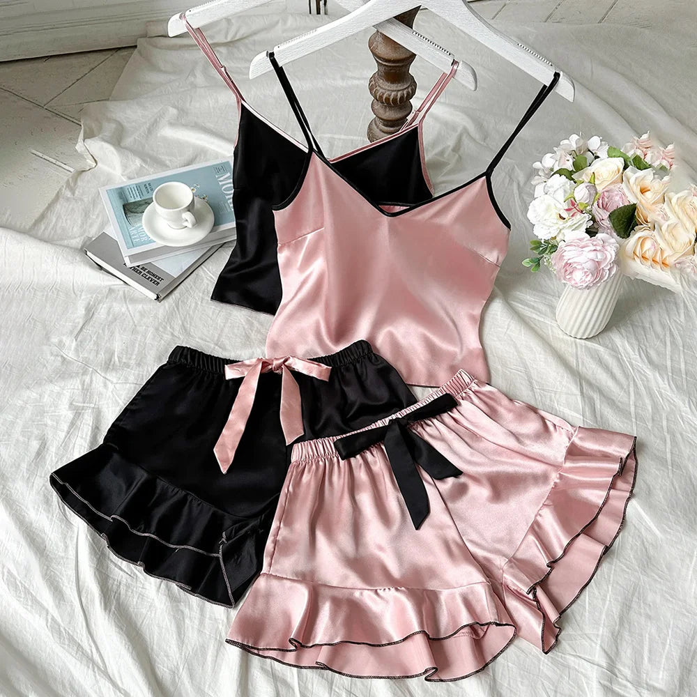 Satin V-Neck Pajama Set – Ruffled Top & Bow Shorts