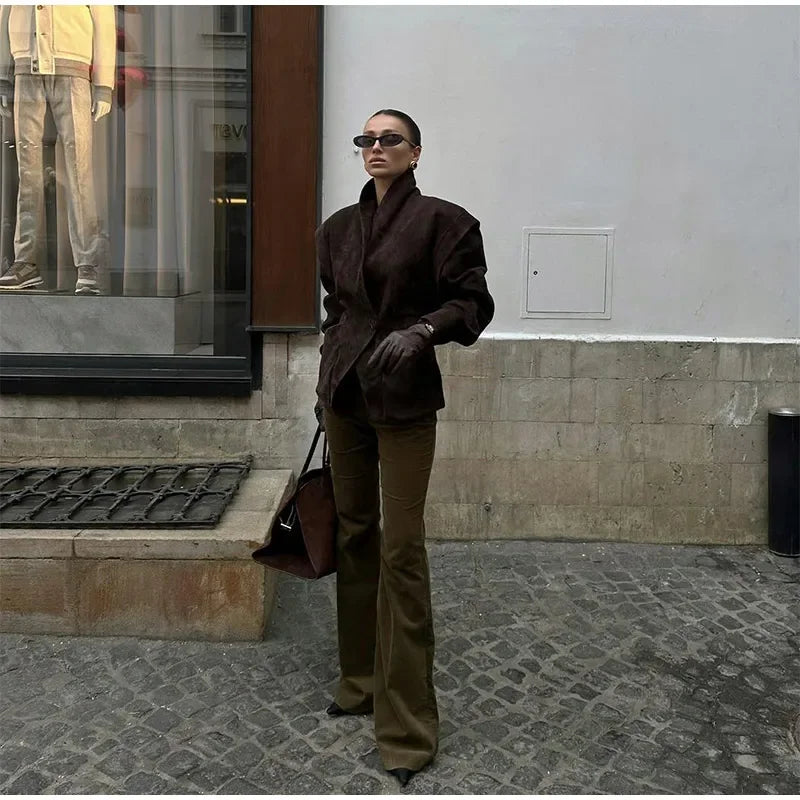 Autumn Chic Suede Blazer – Elegant One-Button Lapel Coat