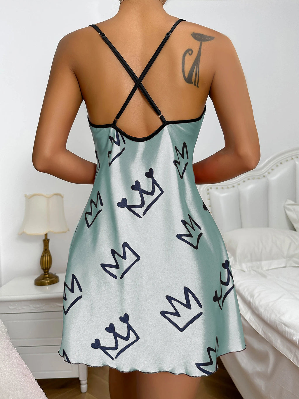Heart Print Scoop Neck Crisscross Back NightdresS