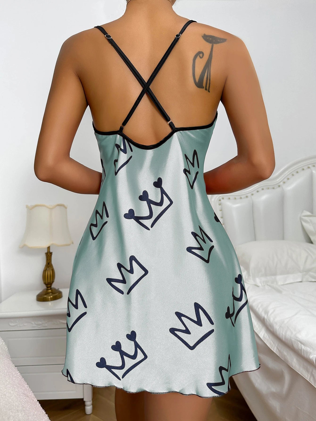 Heart Print Scoop Neck Crisscross Back NightdresS