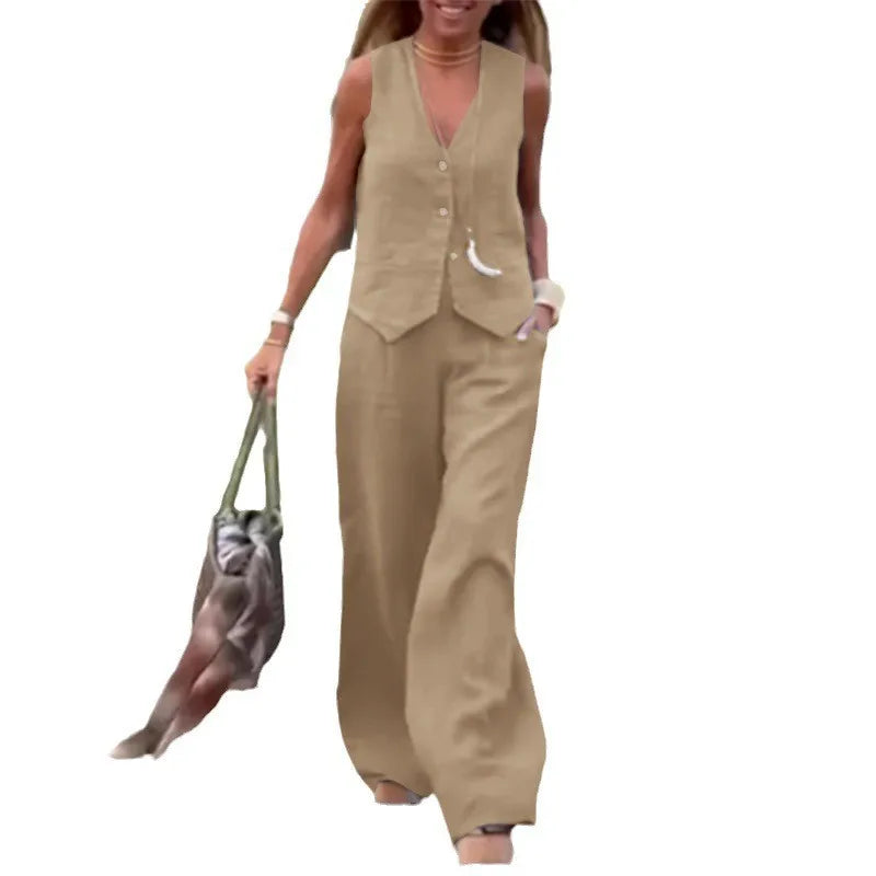 Solid Color Cardigan Vest & Pants Set – Casual Two-Piece Outfit