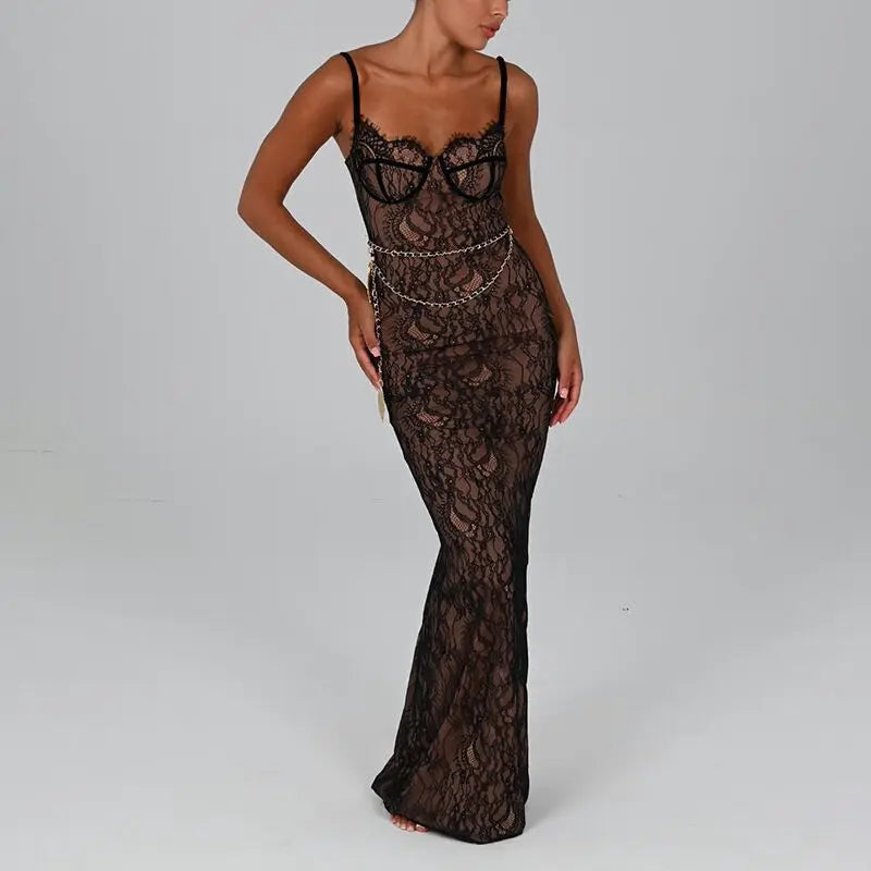 Lace Off-Shoulder Camisole Maxi Dress – Slim Fit Summer Style
