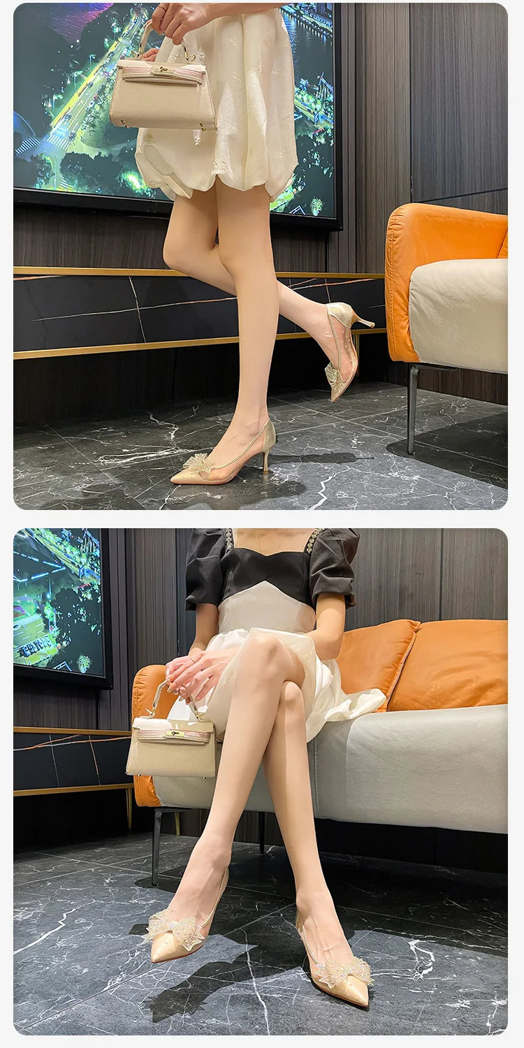 Summer Mesh Bow Knot Pointed Toe Slim Heels – French Style