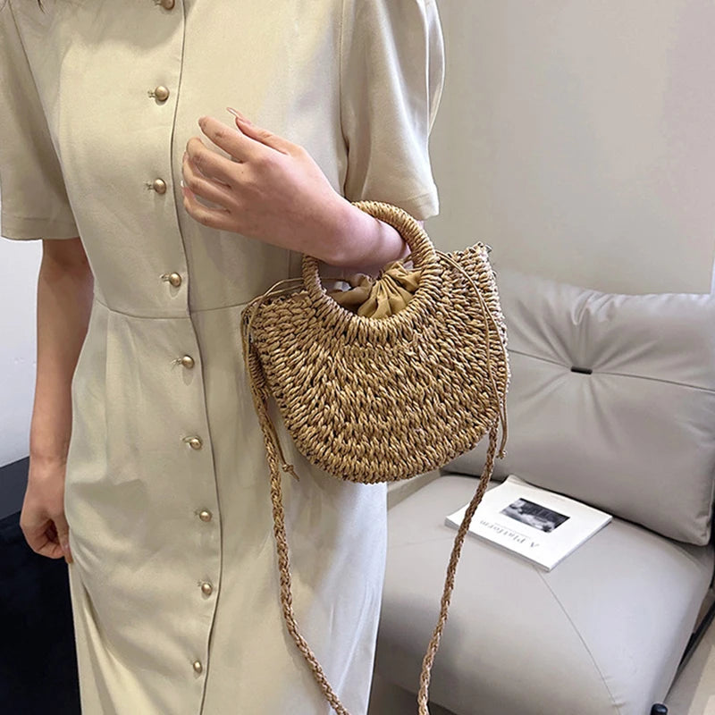 Handwoven Rattan Half-Moon Bag
