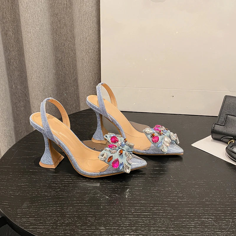 Liyke Gem Bow Denim Pointed Toe Transparent High Heels