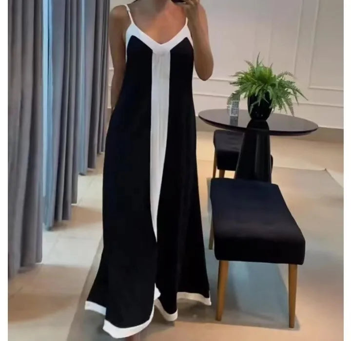 Summer V-Neck Contrast Maxi Dress – Black & White