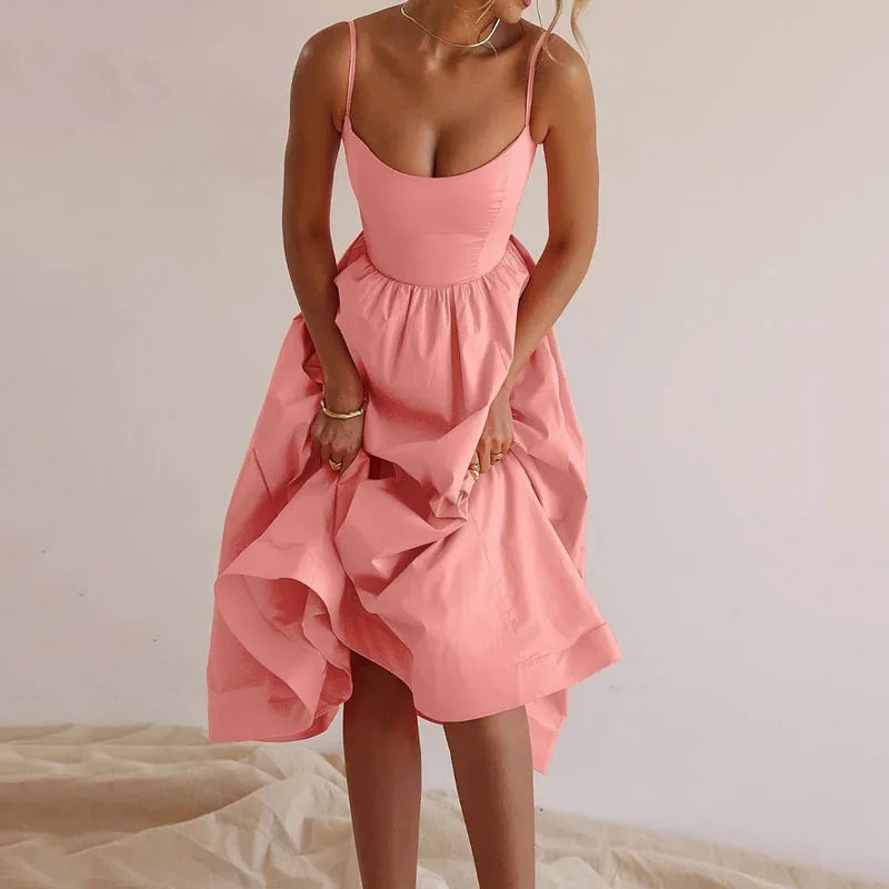 U-Neck Pleated Swing Dress – Sleeveless & Cinched Waist