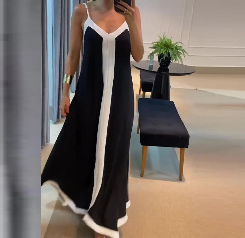 Summer V-Neck Contrast Maxi Dress – Black & White