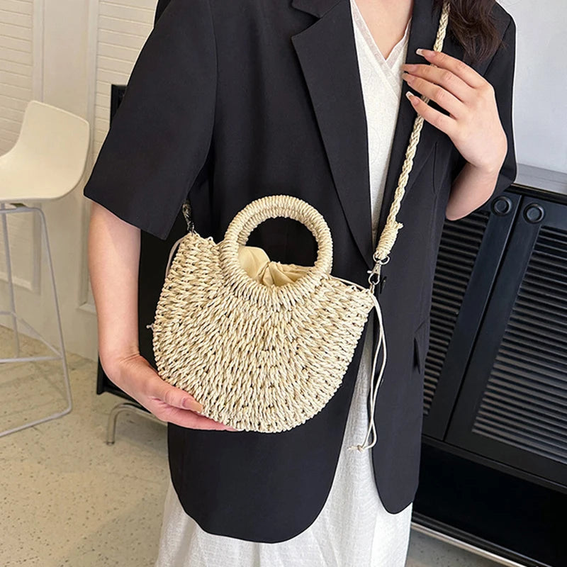 Handwoven Rattan Half-Moon Bag