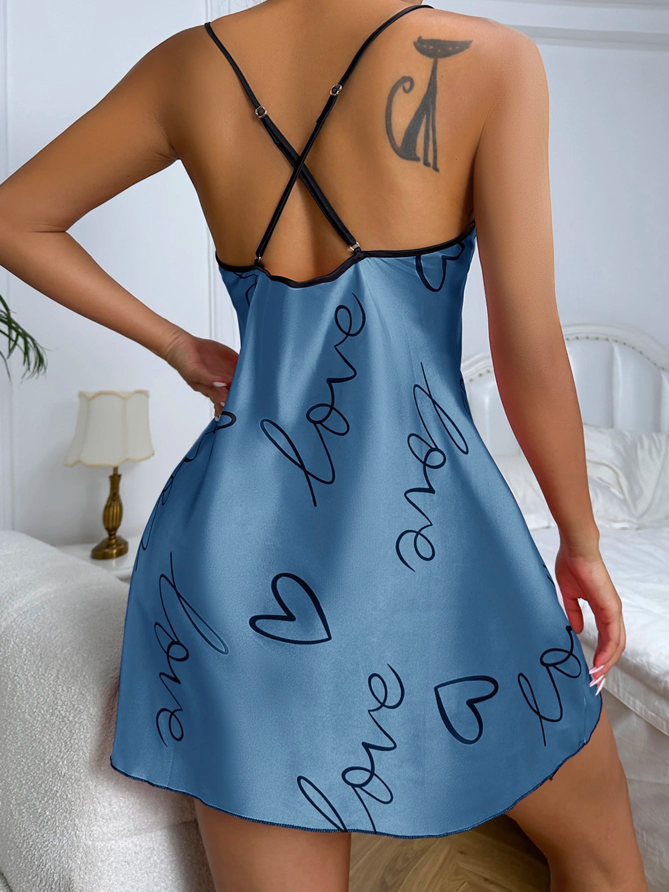 Heart Print Scoop Neck Crisscross Back NightdresS