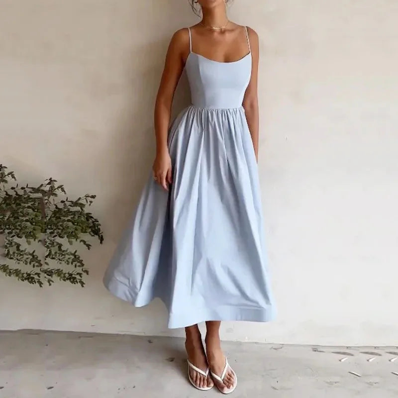 U-Neck Pleated Swing Dress – Sleeveless & Cinched Waist