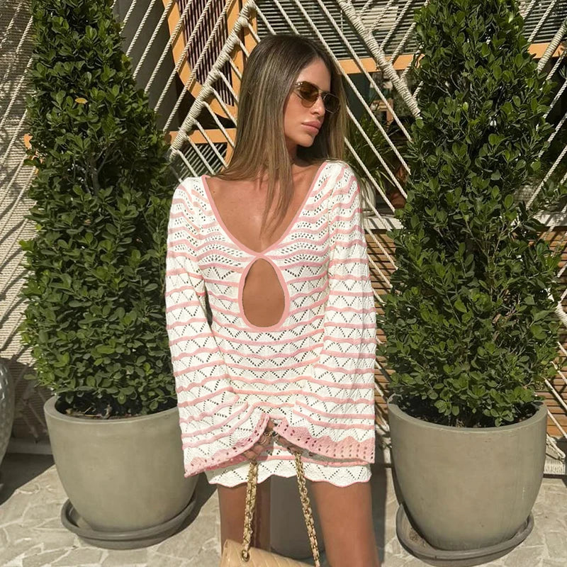 Boho Striped V-Neck Cut-Out Bell Sleeve Mini Dress – Summer Beach Cover-Up