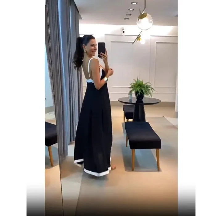 Summer V-Neck Contrast Maxi Dress – Black & White