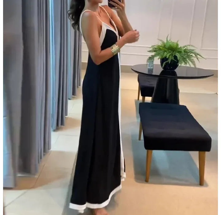 Summer V-Neck Contrast Maxi Dress – Black & White