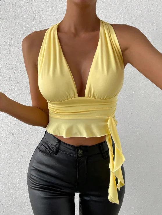 Women's Tight Fitting Deep V-Neck Pleated Top