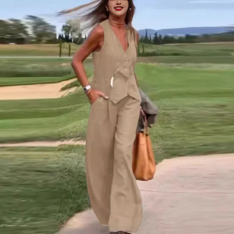 Solid Color Cardigan Vest & Pants Set – Casual Two-Piece Outfit