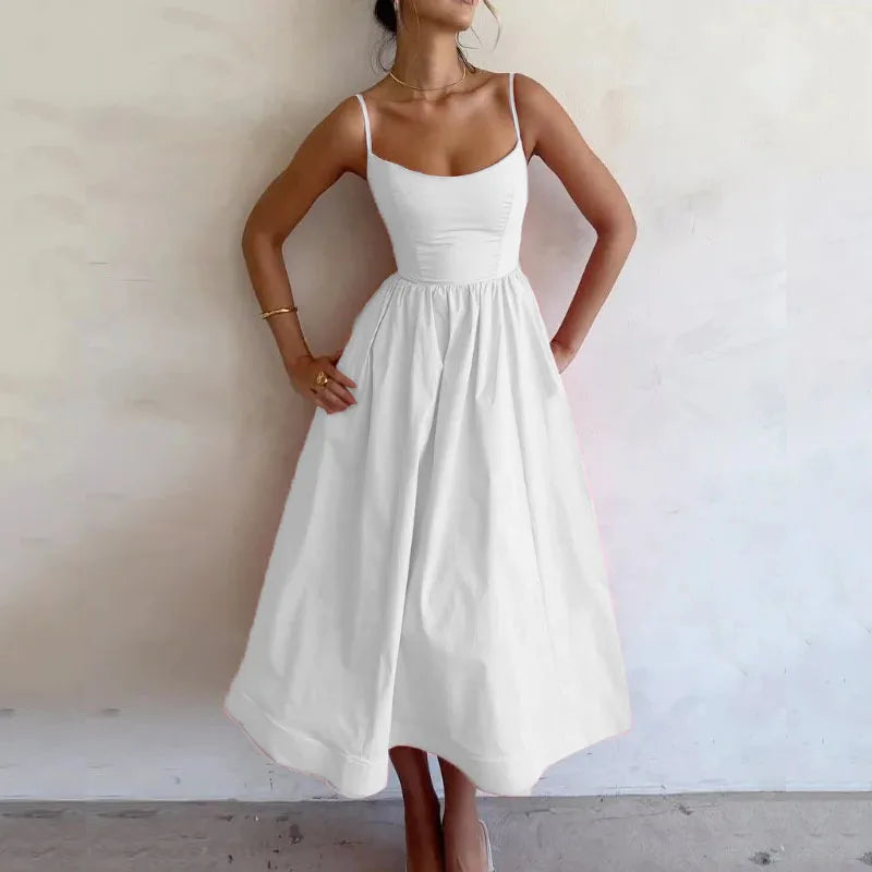 U-Neck Pleated Swing Dress – Sleeveless & Cinched Waist