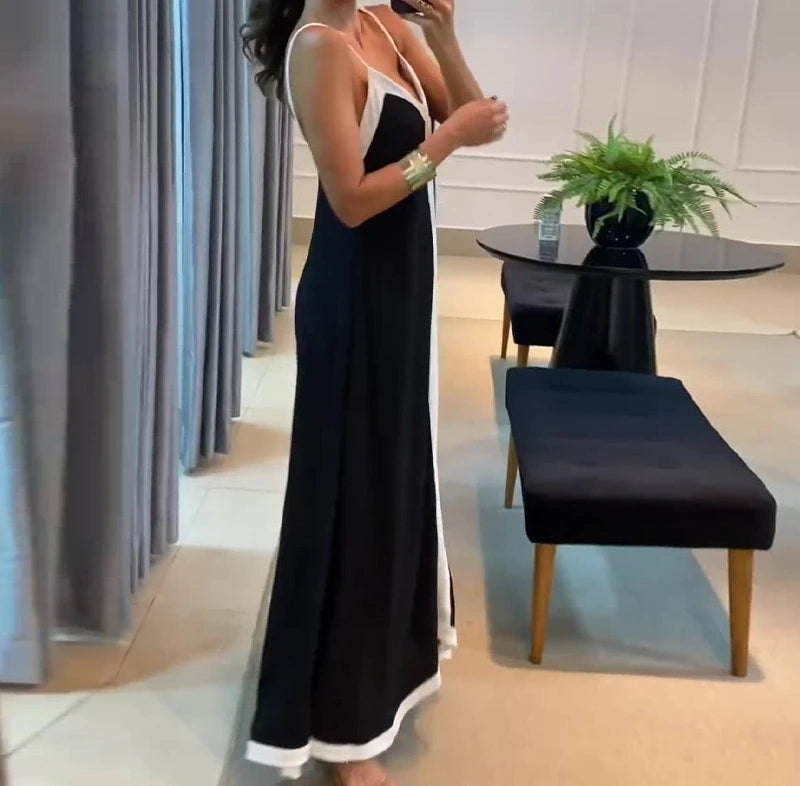 Summer V-Neck Contrast Maxi Dress – Black & White