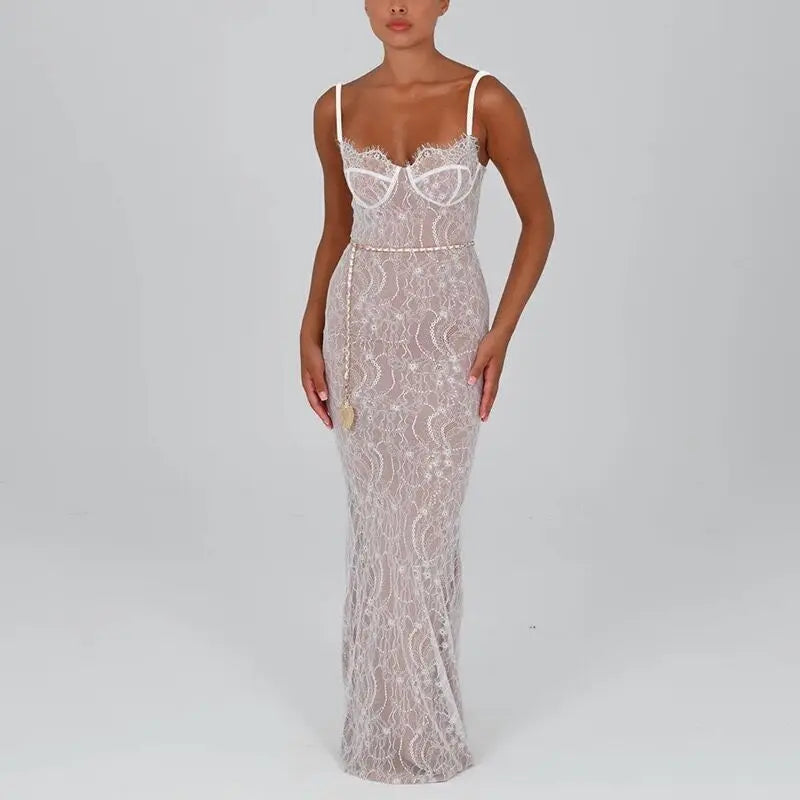 Lace Off-Shoulder Camisole Maxi Dress – Slim Fit Summer Style