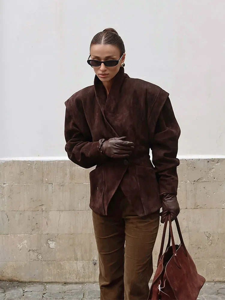 Autumn Chic Suede Blazer – Elegant One-Button Lapel Coat